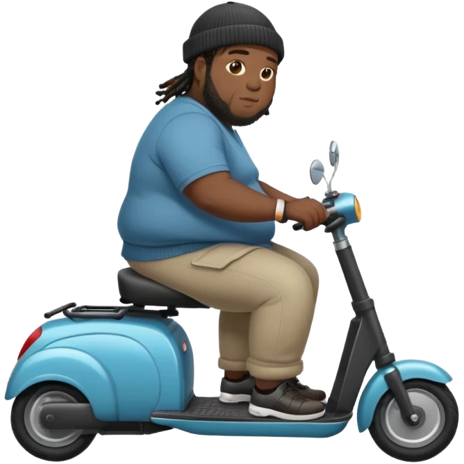 fat black man with short dreads and a beanie on a mobility scooter emoji