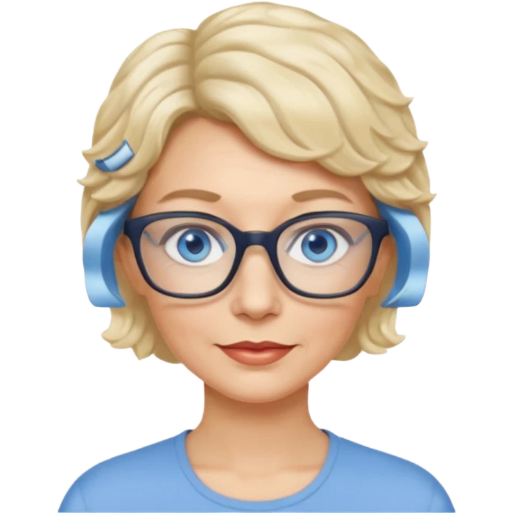 woman 60 very short weavy blonde haire, rectangle glases, blue eyes emoji