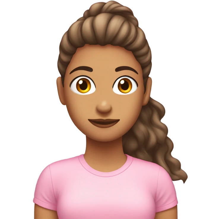chica de piel blanca  pelo marron claro ondulado con camiseta rosa emoji