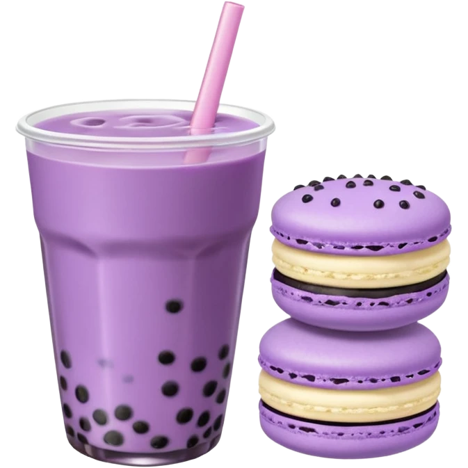 purple boba tea emoji with a macaron next to it, no facial features, minimal and rounded emoji