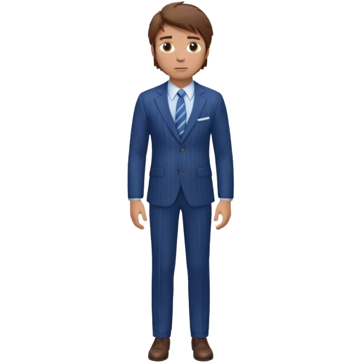 Chico blanco, traje azul raya diplomatica , pelo moreno revuelto,cuerpo entero emoji