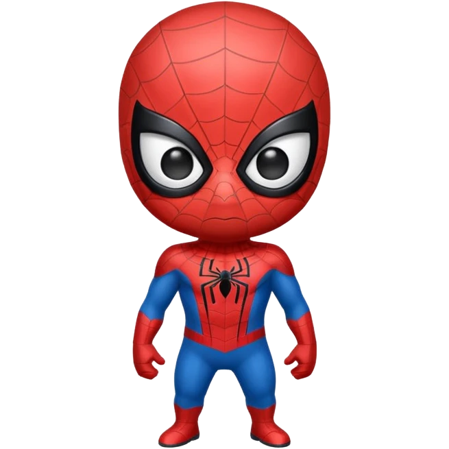 A cute caricature Spider-Man emoji, chibi style, oversized head and tiny body, big expressive white eyes, simplified red and blue suit, thick black outlines, glossy cartoon shading, friendly playful expression, clean vector style, centered face, emoji-sized, transparent background emoji