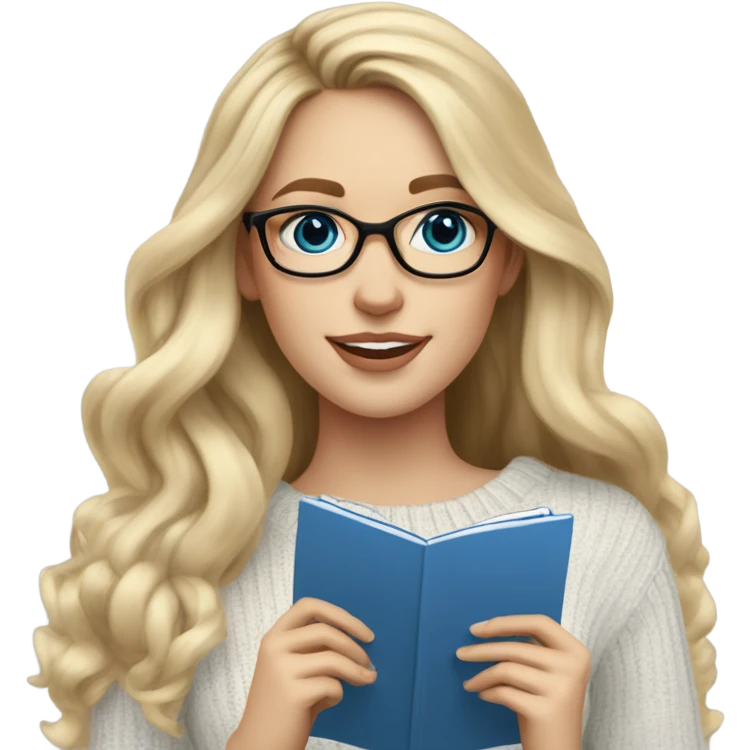 Blonde balayage long hair white women sweater blue eyes and small glasses holding note pad emoji