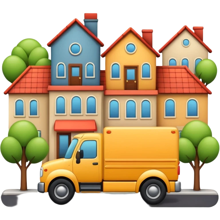 apple style emoji of a truck, package, house, and company building connected by street lines, harmonious composition, clear background emoji