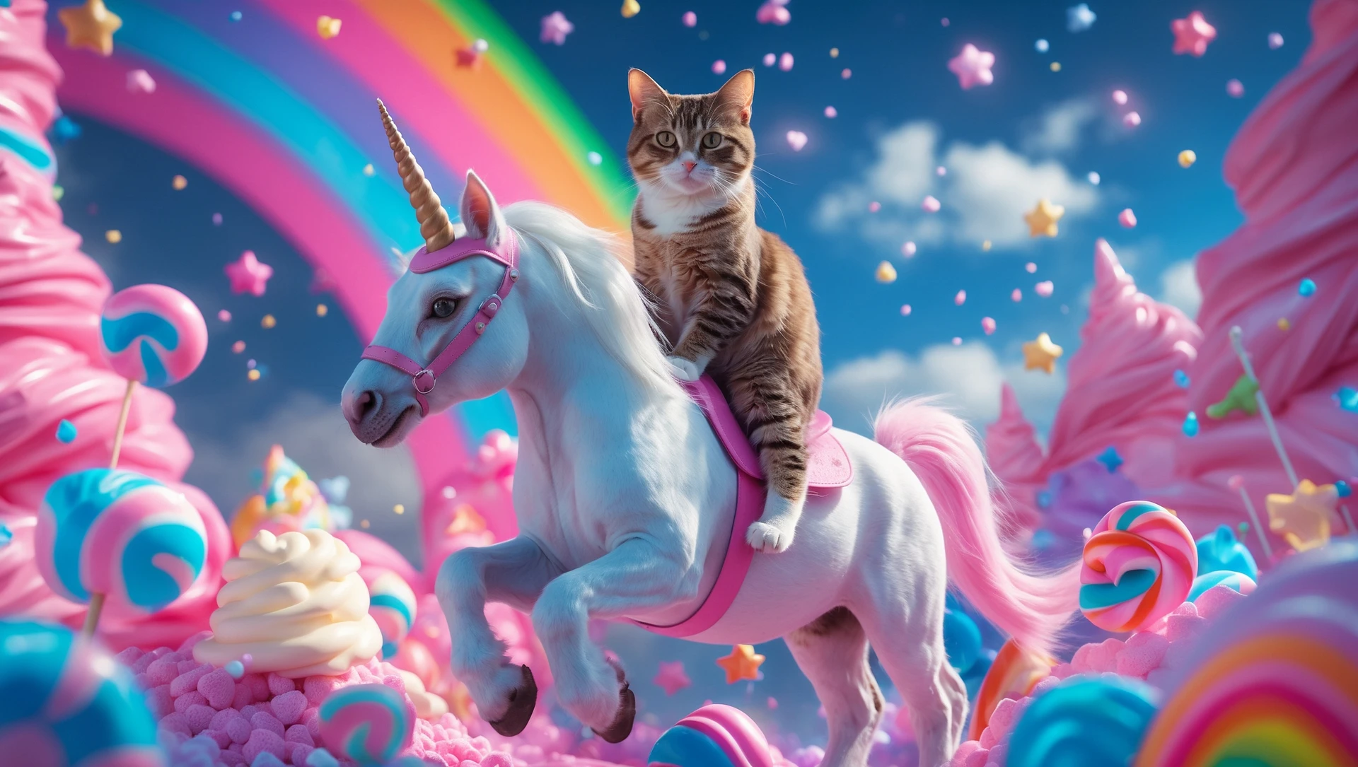 Cinematic still of a cat riding on unicorn around magic pink, and blue candy world, rainbow, dynamic shot emoji