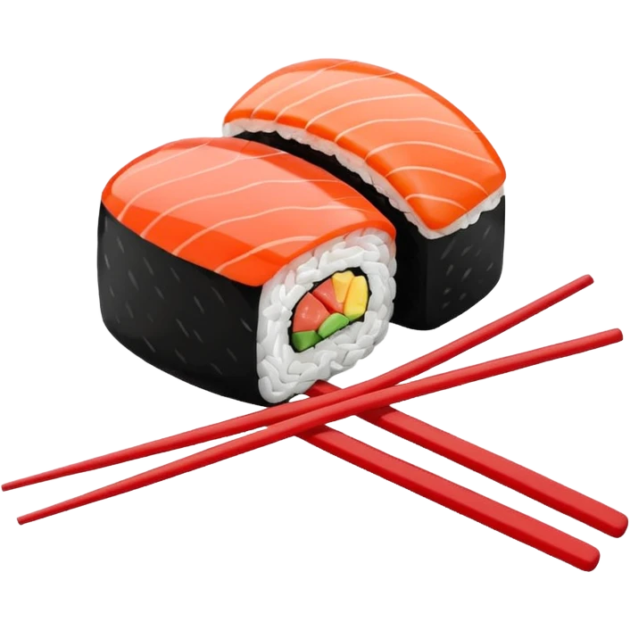 Japanese cuisine humanless avatar in minimalist emoji-style illustration. Sushi, roll and 2 chopsticks, clean lines, red white colors, flat design, calm and modern. emoji