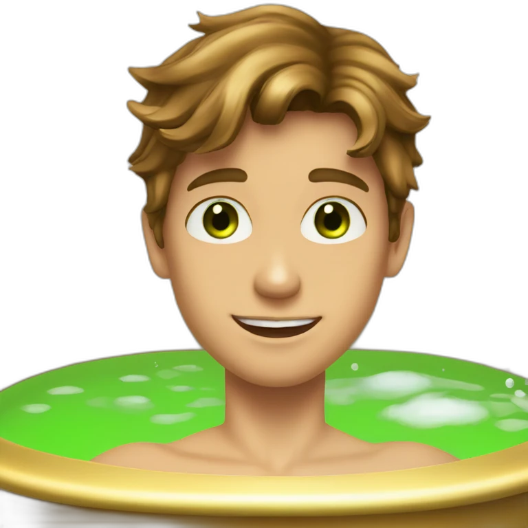 Posh-muscle-boy-brown-hair-green-eyes-pearl-necklace-in-golden-bathtub emoji