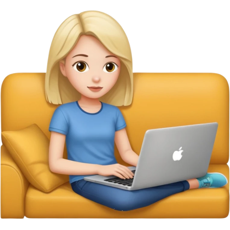 A girl is working with a laptop while lying on the sofa emoji