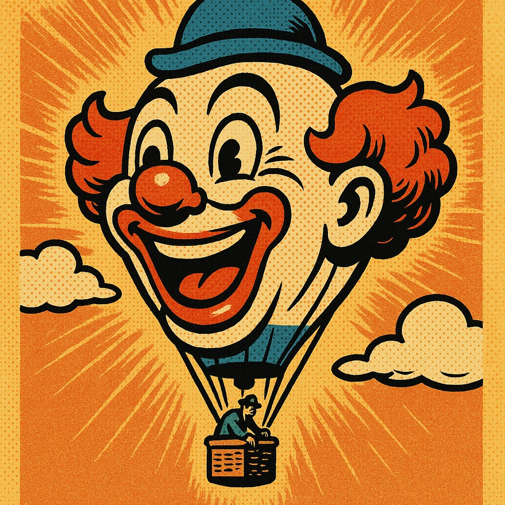 a hot air balloon shaped like a clown's head, vintage comic book style, bold outlines emoji