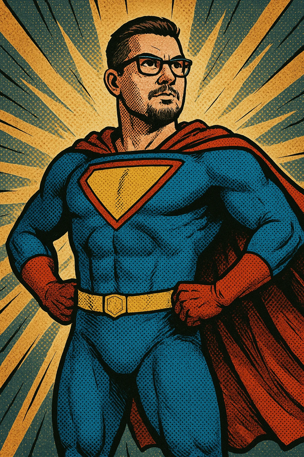 man with short hair, goatee, and glasses as a superhero, hands on hips, colorful suit, mask, heroic stance, classic comic book style emoji