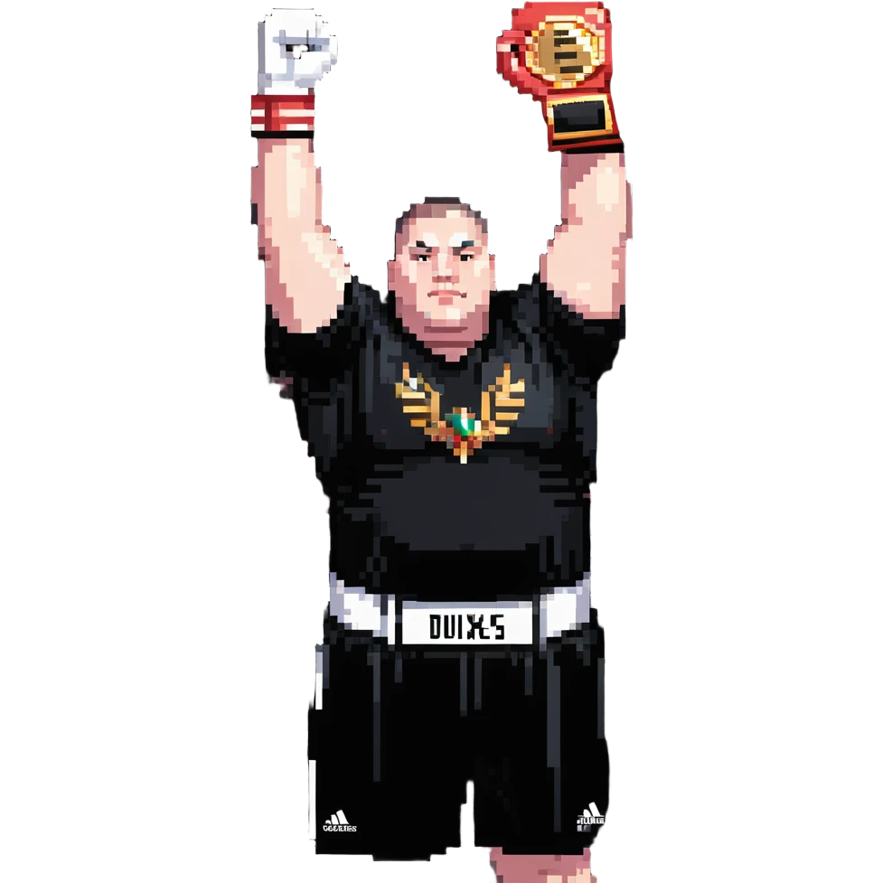white man with dark hair, dark eyes, buzzcut faded haircut, overweight 100kg boxer, chubby face, stocky build, wearing full black clothes, black adidas boxing gloves, victory pose with arms raised, holding championship belt, upper body only no legs visible, highly pixelated emoji