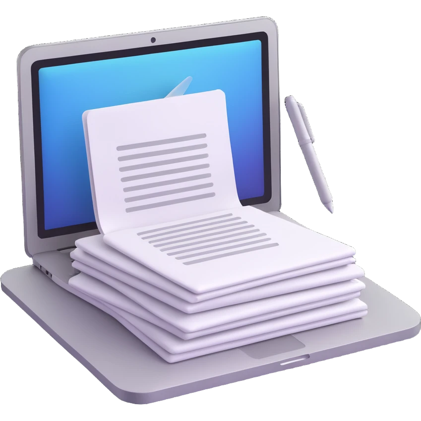 a MacBook with a stack of papers and a pen, 3D iOS icon style emoji