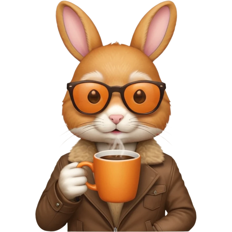 Orange rabbit, wearing brown jacket, sunglasses, holding coffee mug emoji