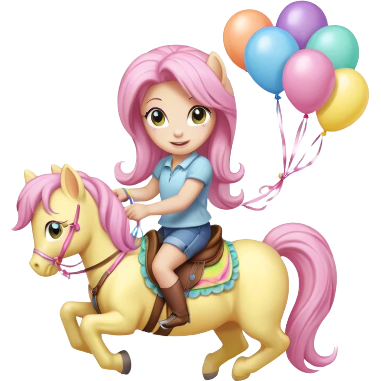 fluttershy mlp holding colorful balloons tied to its saddle, looking cheerful. emoji