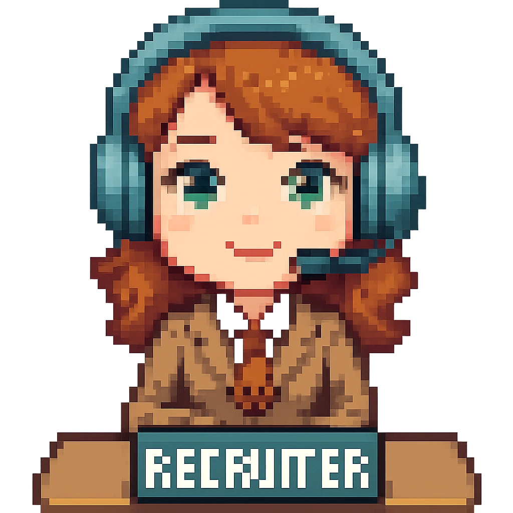 Create an 8-bit pixel art style emoji of a cute female recruiter sitting at a table wearing a headset. Combine elements from the two reference images into one cohesive emoji. The background should be removed, leaving only the subject. emoji