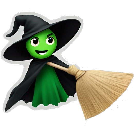 Broom Flying green witch with black big cape extending like a v shape emoji