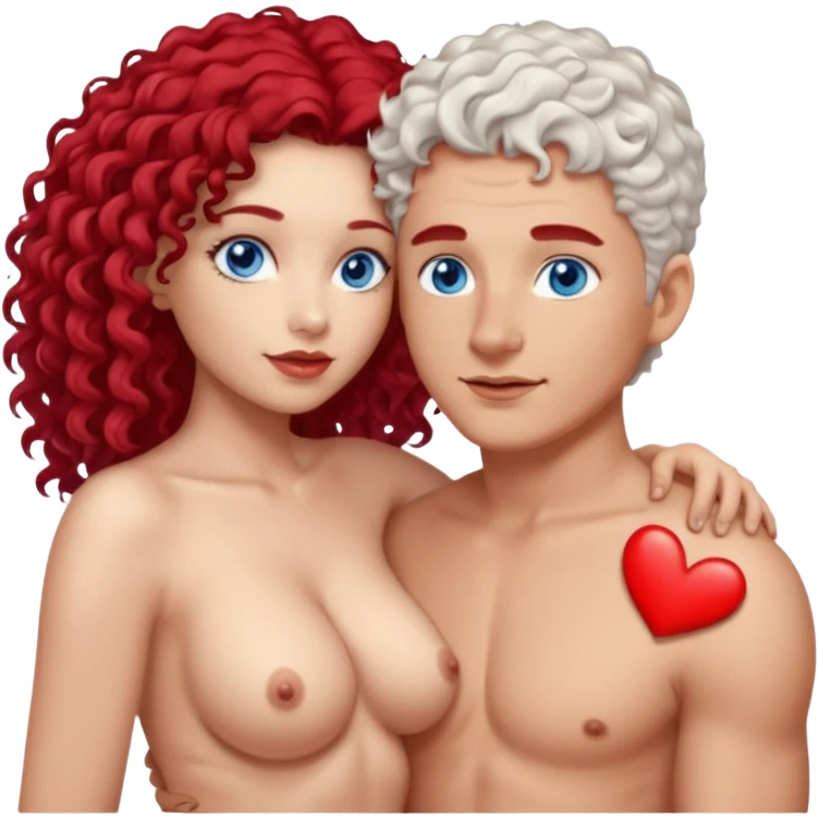 Homme nu cheveux blanc courts, yeux bleu barbe naissante + femme nu gros seins rousse cheveux longs bouclés yeux bleu faisant l'amour emoji