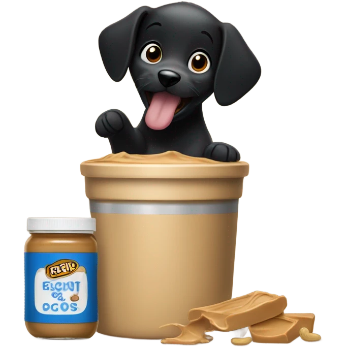 Black puppy eating a container of peanut butter emoji