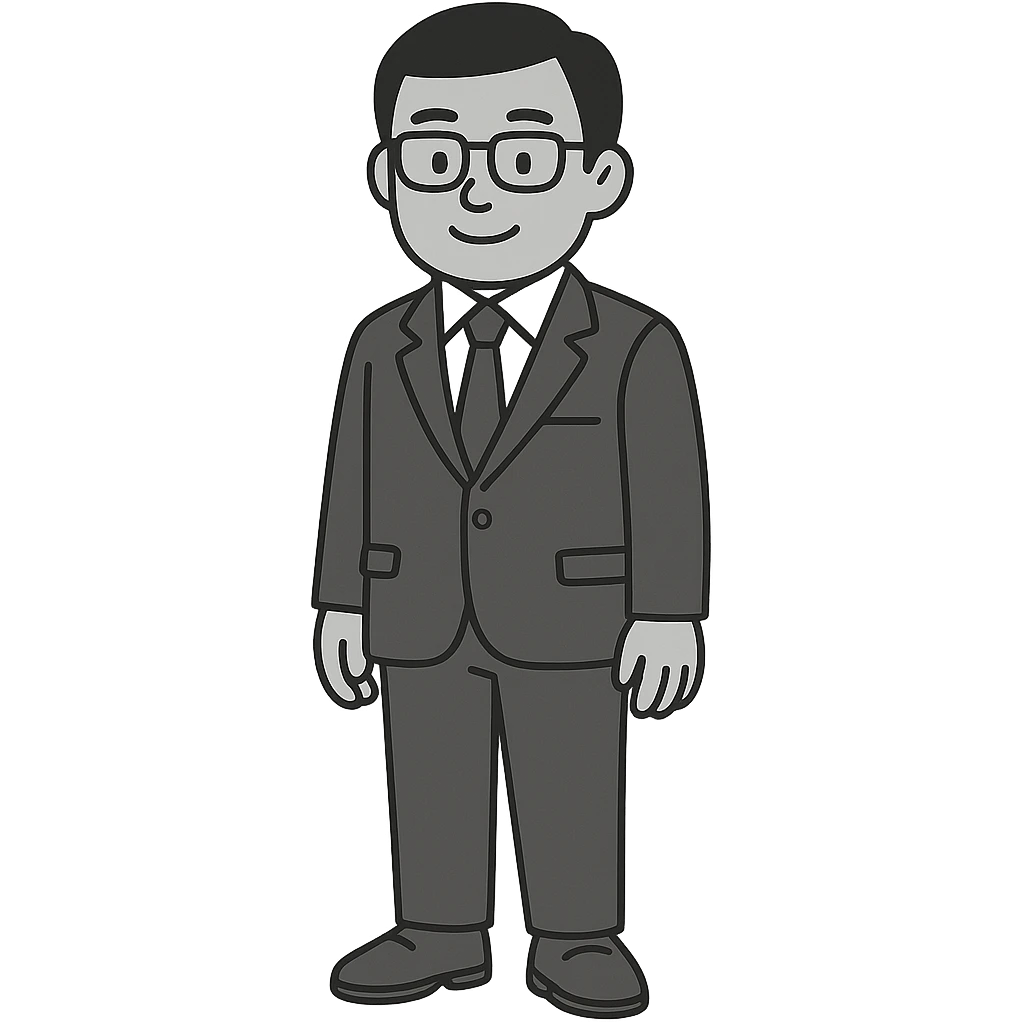 A professional and friendly Asian male character in his 30s-40s, with a balanced build, neat black short hair, and black-framed glasses. He is wearing a dark blue suit jacket, white shirt, and dark blue tie, with brown leather shoes. He is standing upright with a relaxed and confident posture, hands naturally at his sides, and feet slightly apart. Version with a friendly facial expression. emoji