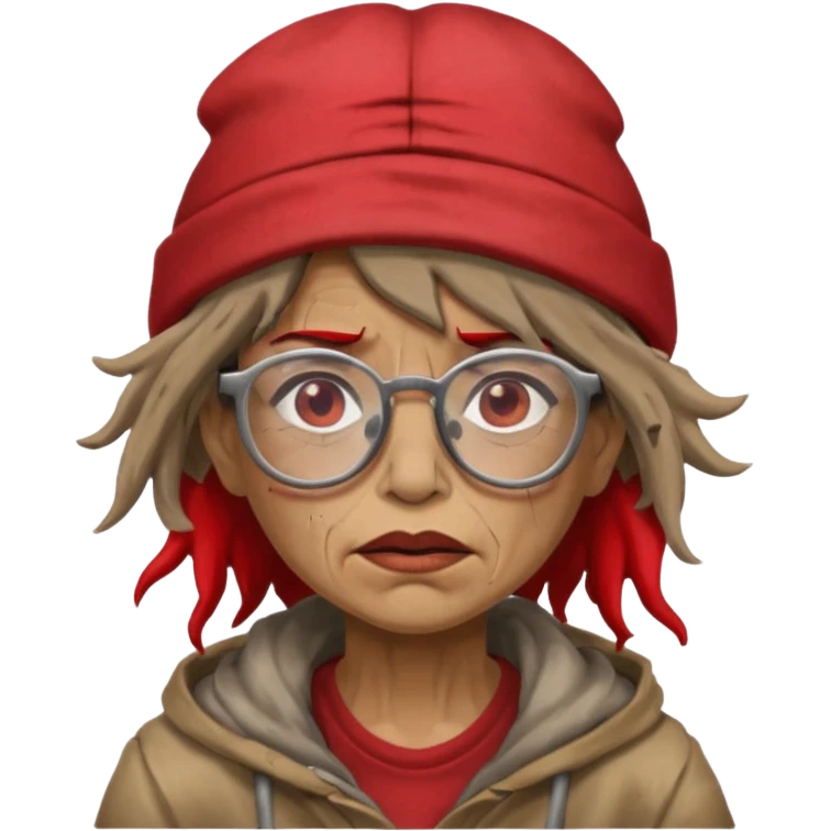 very dirty looking homeless woman with ripped red hat with ugly hair and glassess emoji