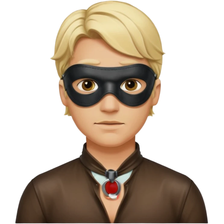 blonde man with leather eye mask and leather halter neck blouse emoji