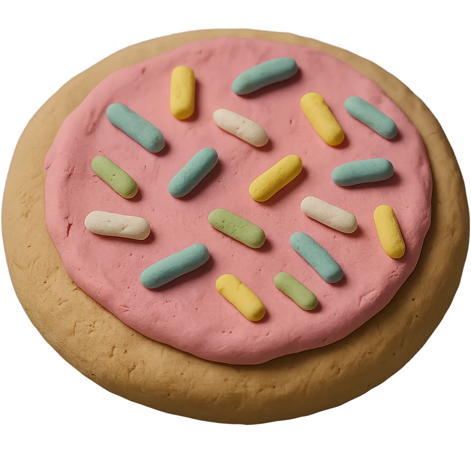 sugar cookie with pink frosting and pastel sprinkles emoji