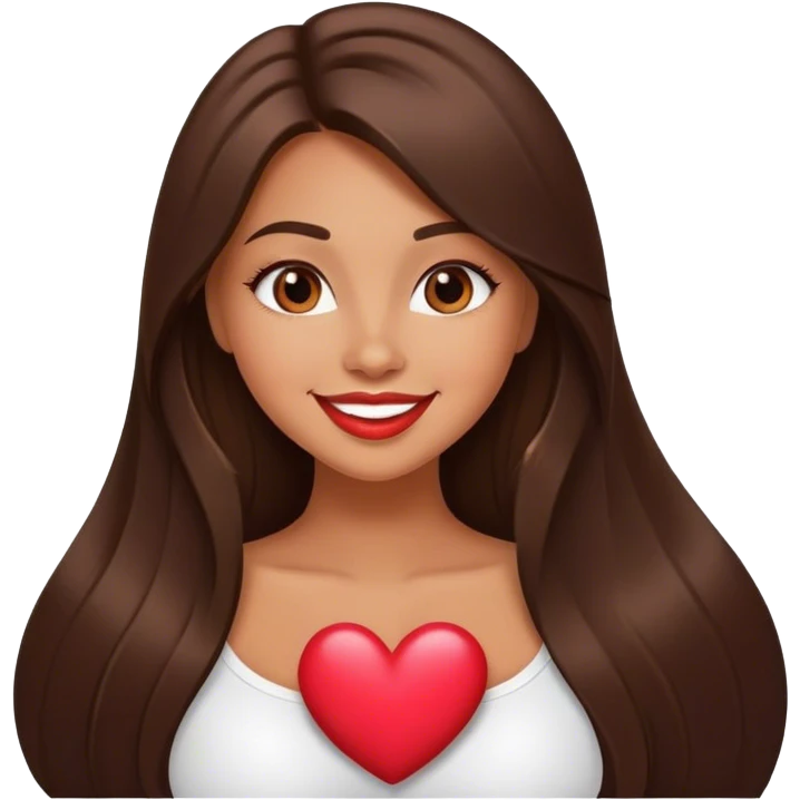 tanned beautiful girl smile with pump lips and brunette straight long hair showing heart emoji