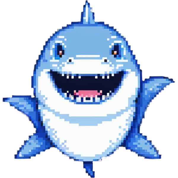 smiling shark with visible white teeth and blue body emoji