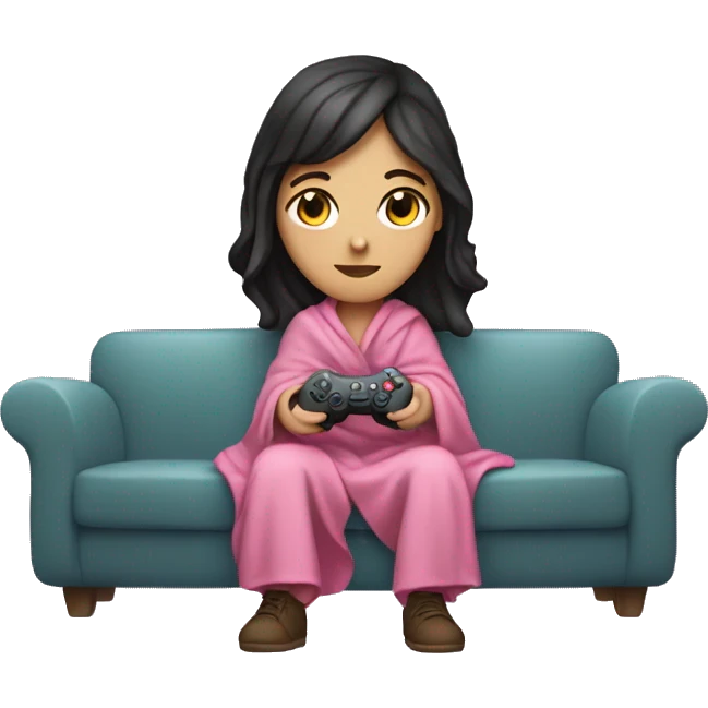 White girl with dark hair wrapped up in a blanket sitting on a couch with a pink gaming controller in her hands emoji