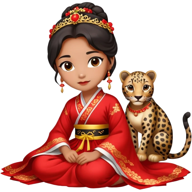 A beautiful girl in red Hanfu wedding dress sits on the ground holding a black leopard emoji