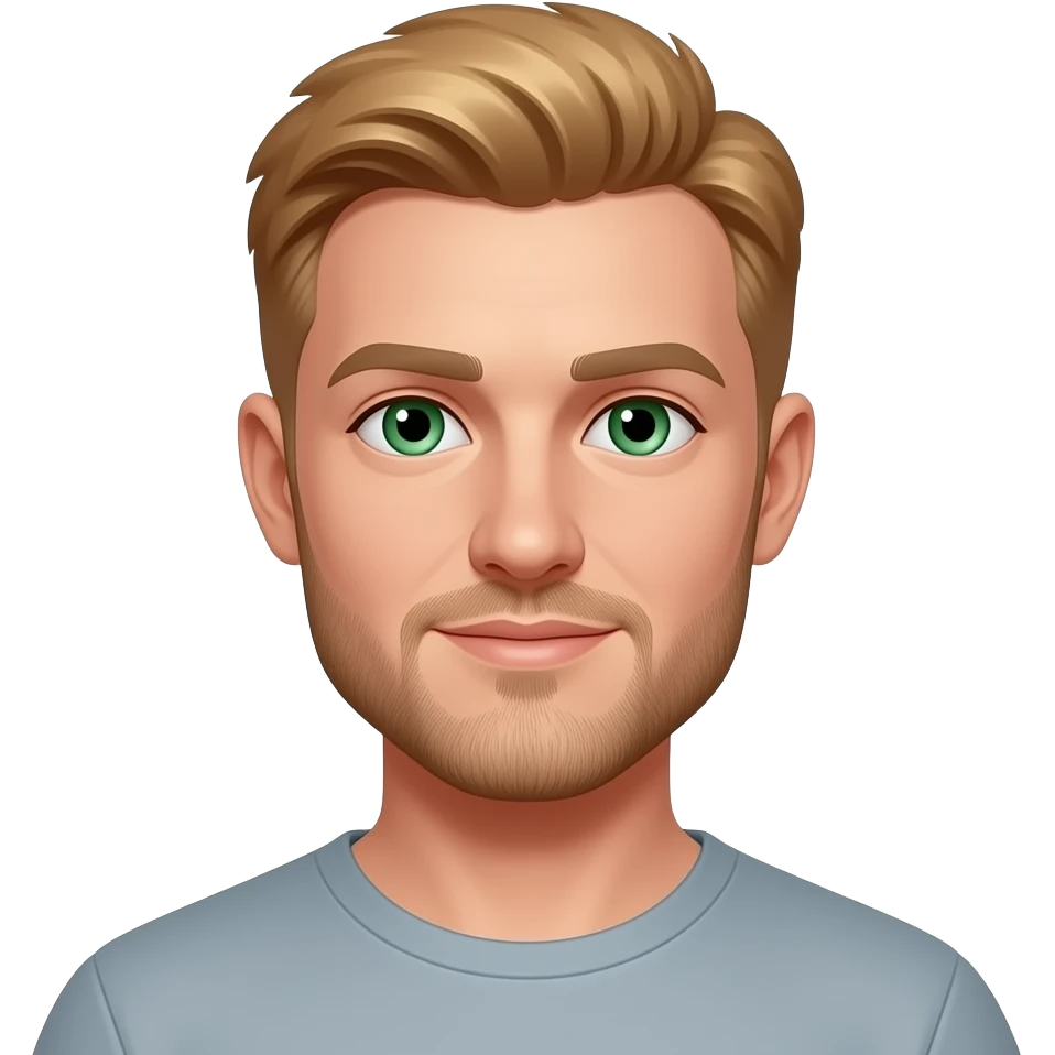 man with short strawberry blond hair and green eyes, short beard emoji