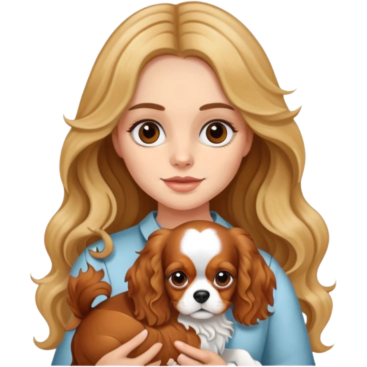 Girl with fair skin, long and brunette wavy hair with blonde highlights, holding a cavalier king dog emoji