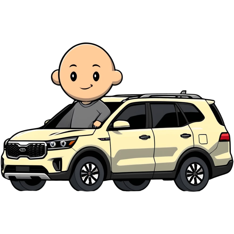 bald man standing next to a Kia Mohave SUV emoji