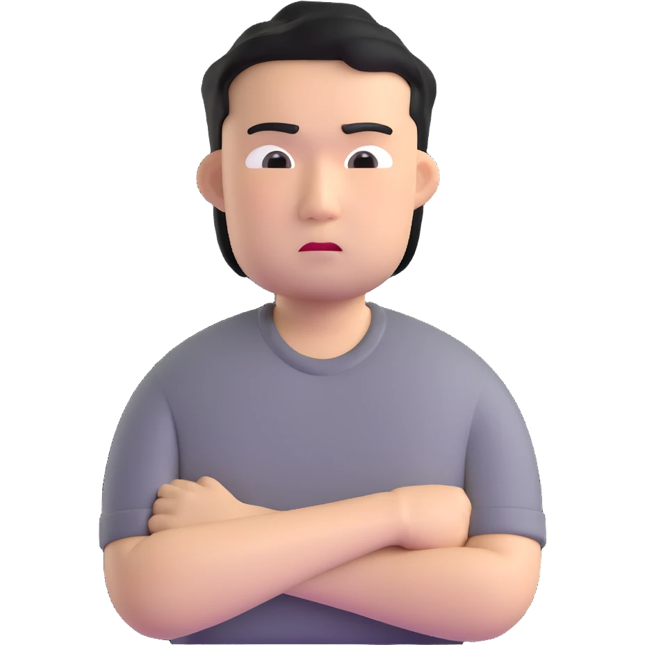 Asian man in a gray shirt with a frown emoji