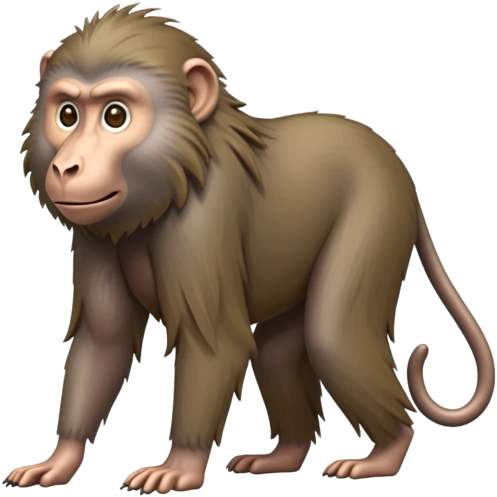 cinematic-hairy baboon-full-body-standing on all fours-emoji,-head-tilted-dramatically,-thick-grey-and-brown-fur,-simplified-yet-realistic-focused-features,-highly-detailed,-glowing-with-an-almost-sarcastic-glow emoji