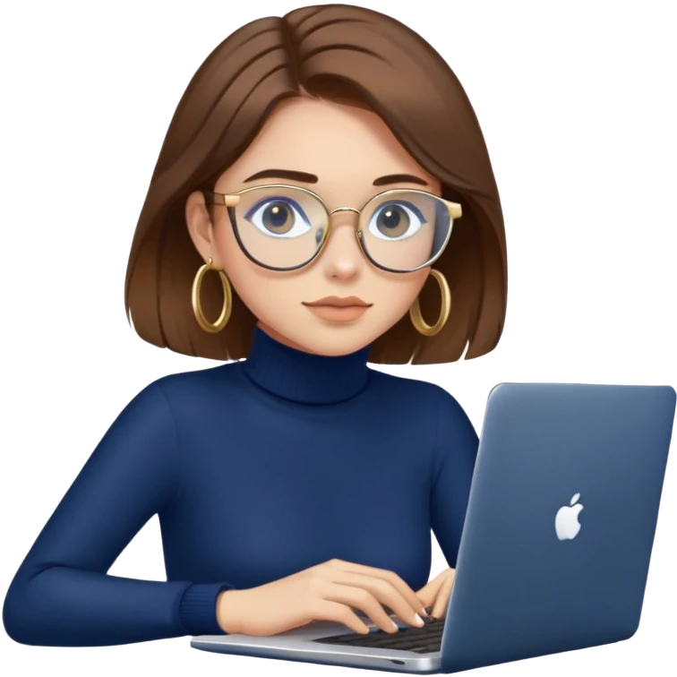 Girl with brown hair, navy blue turtleneck, gold hoop earrings, blue light glasses, working on laptop emoji