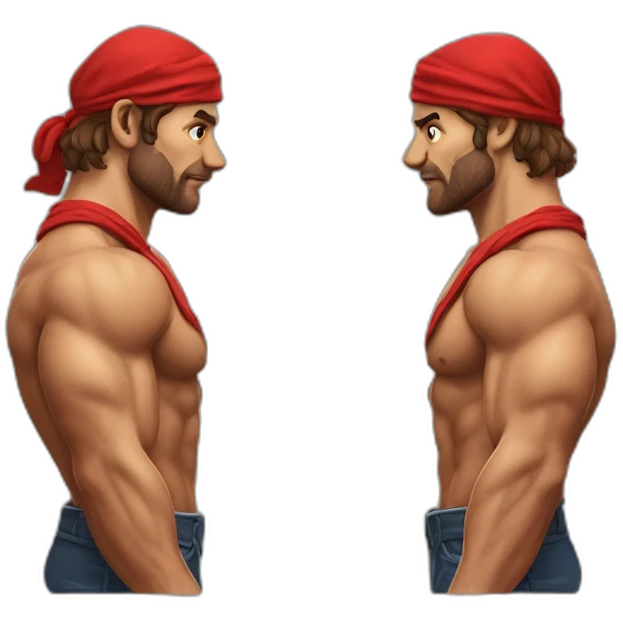muscular man in red bandana turning facing away from the viewer turning his head back to face the viewer,torso emoji
