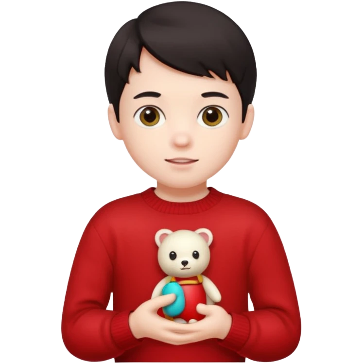 dark haired red wearing kid with small toy emoji