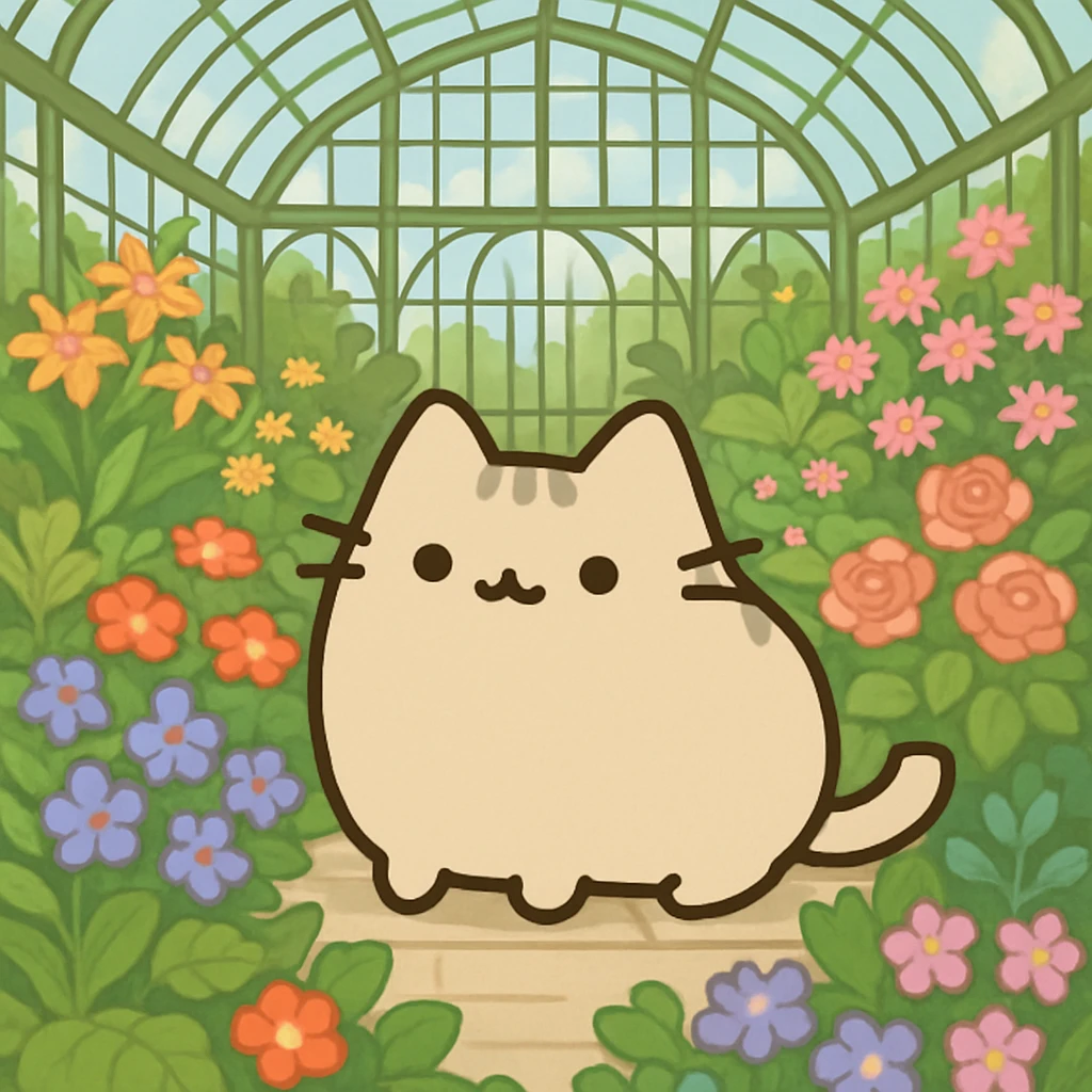 beige blonde pusheen-style kitten in a botanical garden greenhouse filled with flowers emoji