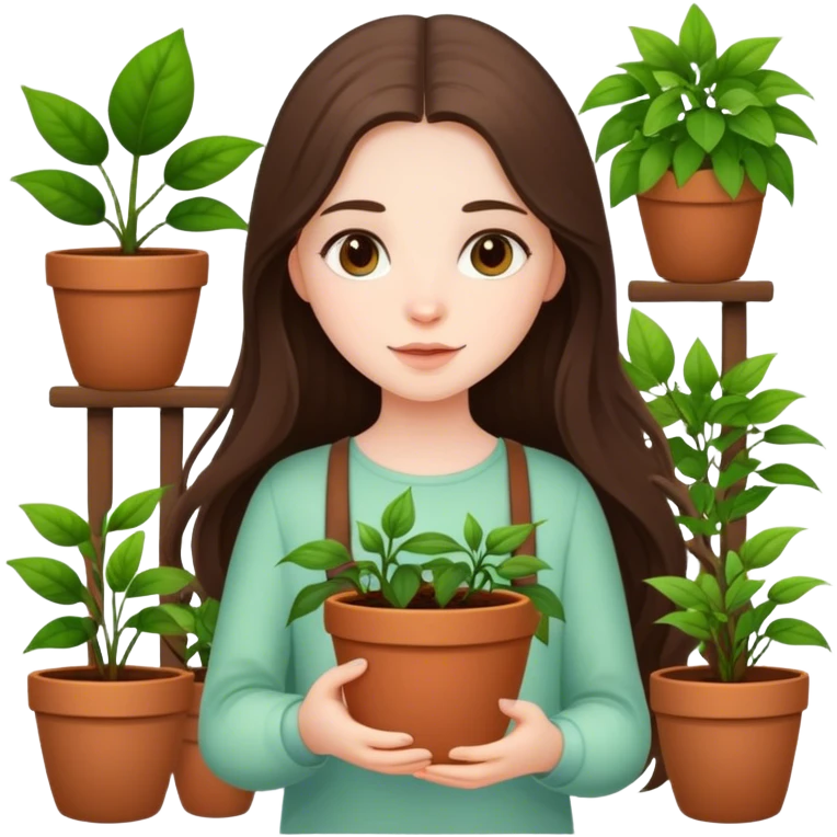 beautiful pale brunette girl with long hair holding plants in the pots emoji