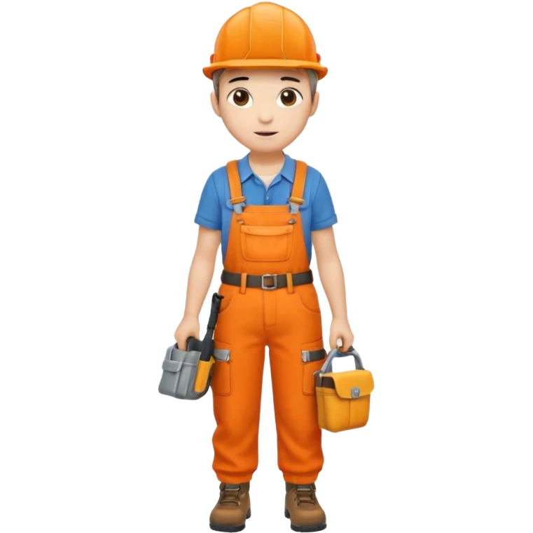 Repairs and Maintenance, Young, tools belt, wearing orange overalls, a cap and having tool belt, full body emoji