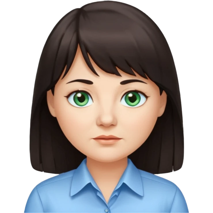 50 yr old woman, blue green eyes, long straight dark brown hair, business shirt, chubby, bangs emoji