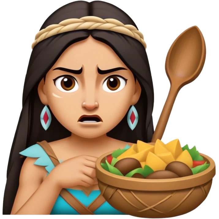 Cinematic Funny Pocahontas Portrait Emoji, Looking bewildered as Meeko steals her food, one brow raised in playful frustration, a warrior princess caught in a hilariously relatable moment, wild yet endearing! emoji