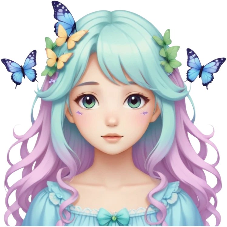 gorgeous anime pastel lady with butterflies and beautiful hair fairycore cottagecore emoji
