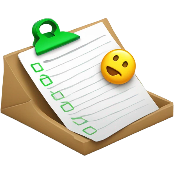 Design a simple emoji-style icon that represents a catalog of items in stock. It should include a clipboard or checklist symbol, with a shopping bag or box, and use bright, inviting colors like green to signify availability. emoji