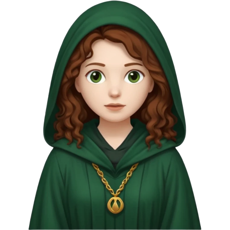 A white woman, a little heavier face, with long dark auburn hair robed and hooded like she's a Traitor in the tv show The Traitors. her hair is slightly curly, but kinda frizzy, not with defined curls, and the robe is a very dark green color emoji