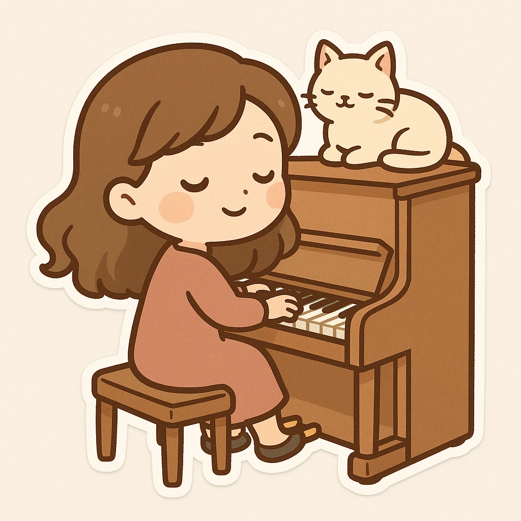 woman playing piano while her cat sits on top of the piano emoji