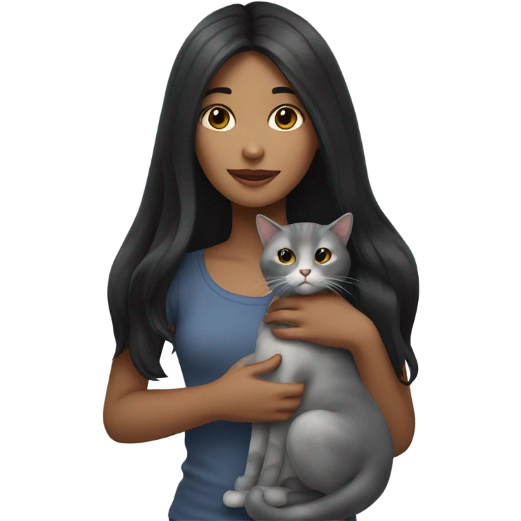 A girl with long black hair is holding a gray cat emoji