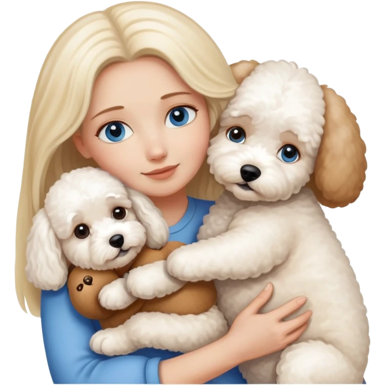 Blonde blue-eyed long-haired mother hugs two dogs-a Bichon Frise and a Teddy emoji