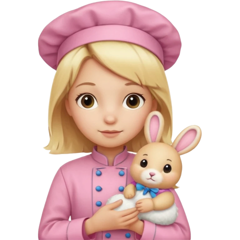 girl kid italian chef, blonde,  pink uniform, holding plush rabbit emoji